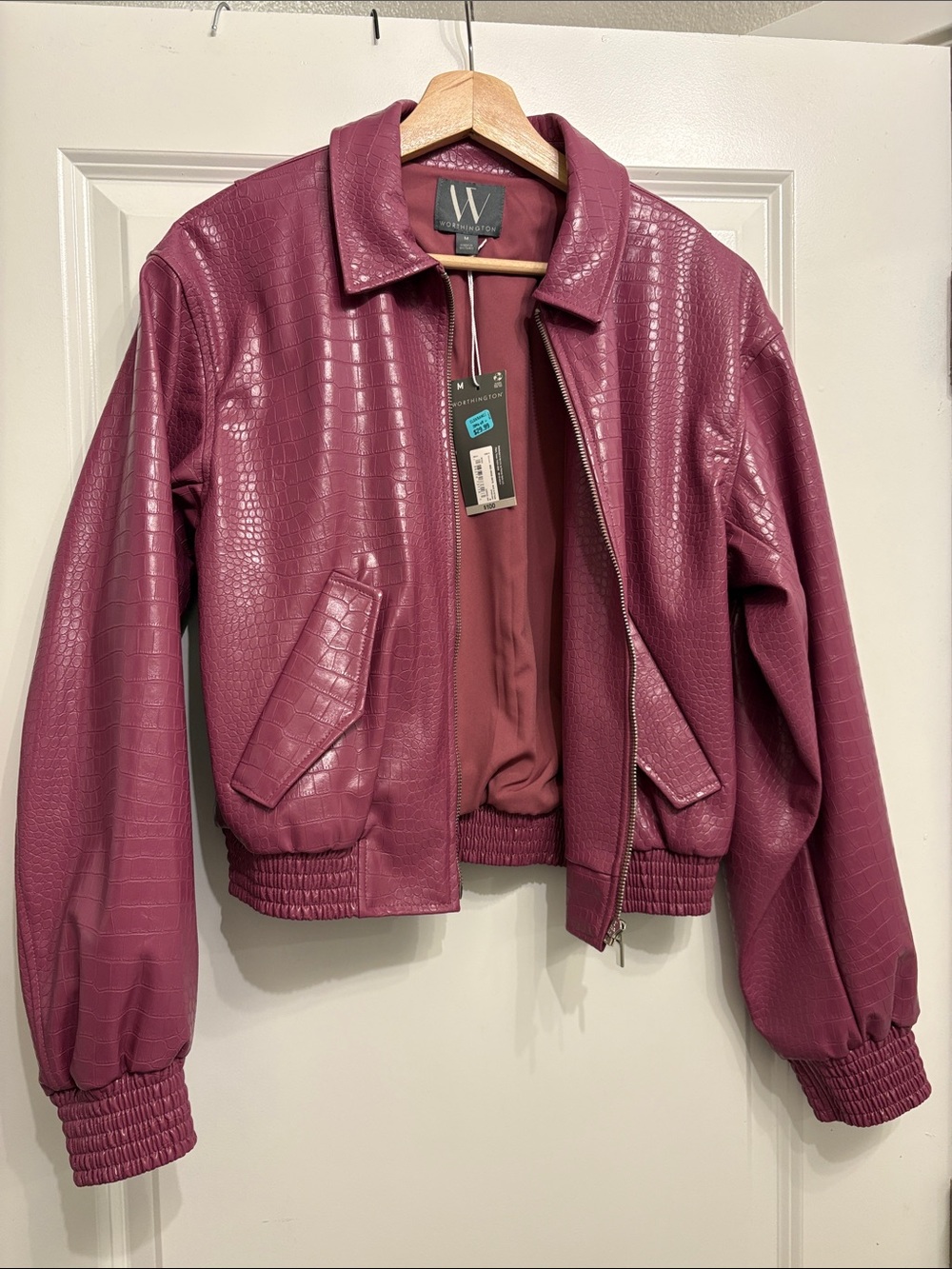 Worthington Croc-Embossed Faux Leather Bomber Jacket - Plum